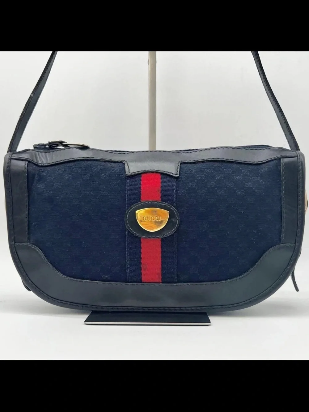 Gucci Navy Canvas Crossbody with Red Center Stripe